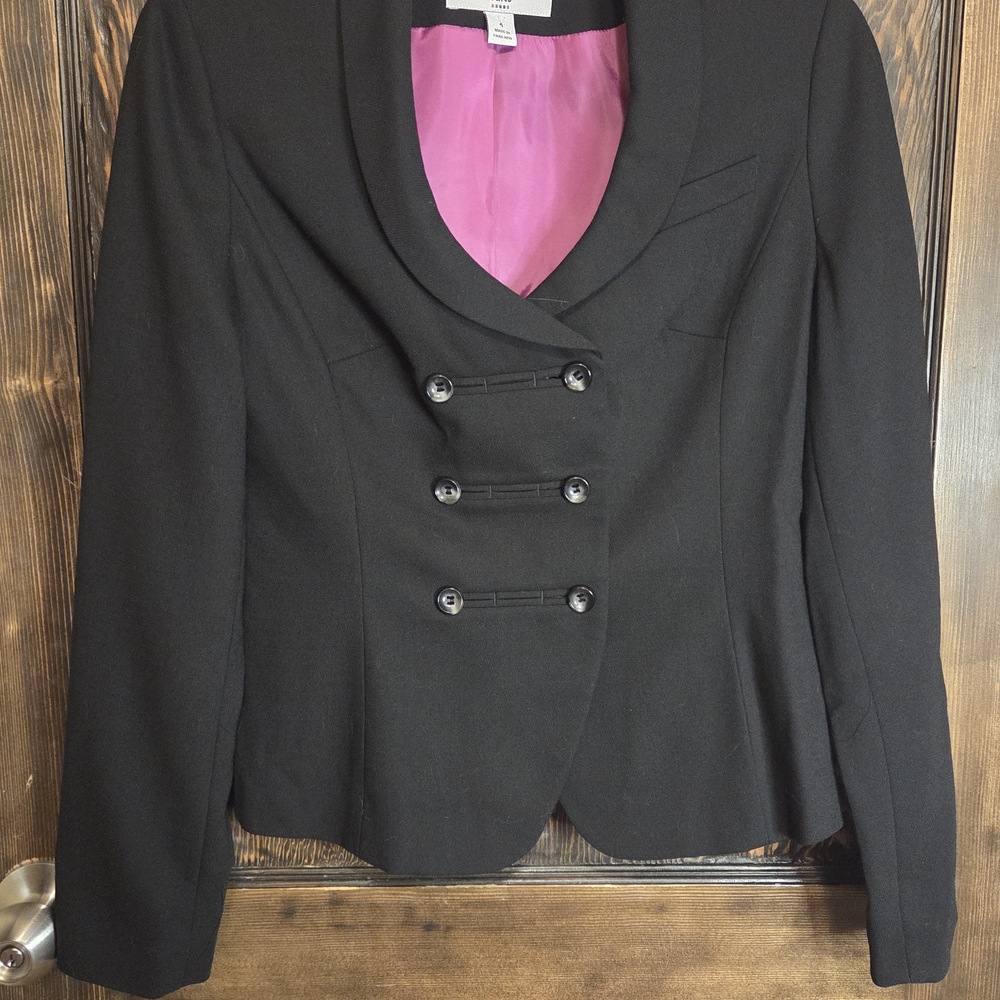 Sharagano Double Breasted Black Blazer with Pink Lining